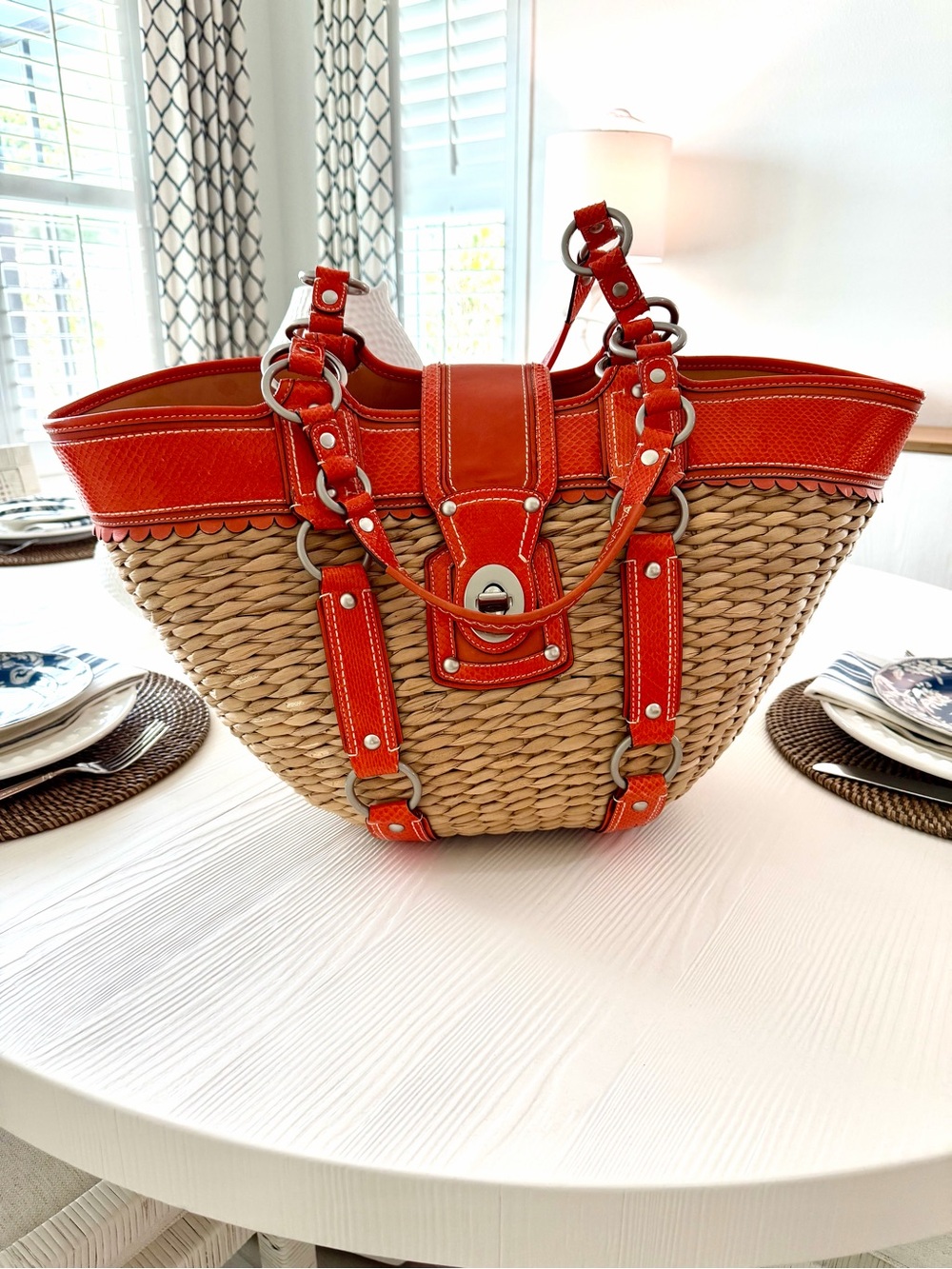 RARE COACH JASMINE LIMITED EDITION XXL BAG/STRAW TOTE GEN.PYTHON & LEATHER TRIM